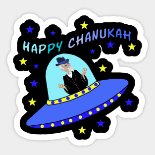 Happy Chanukah Flying Rabbi in Spaceship Sticker